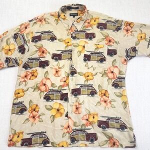 Marc Edwards Mens XXL Rayon Aloha Shirt Vintage Woody Car Surfboard Hibiscus Tan